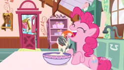 Size: 1920x1080 | Tagged: safe, screencap, cup cake, pinkie pie, earth pony, pony, between dark and dawn, g4, baking, batter, bipedal, bowl, cute, diapinkes, egg beater, eyes closed, female, food, licking, pinkie being pinkie, ponyville, sink, sugarcube corner, table, this will end in pain, tongue out, window