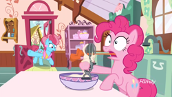 Size: 1920x1080 | Tagged: safe, screencap, cup cake, pinkie pie, earth pony, pony, between dark and dawn, g4, baking, bipedal, egg beater, female, ponyville, sink, stuck, sugarcube corner, table, tongue out, window