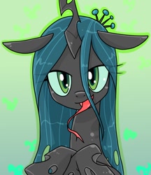 Size: 640x740 | Tagged: safe, artist:batipin, queen chrysalis, changeling, changeling queen, g4, crown, female, gradient background, jewelry, looking at you, regalia, solo, tongue out