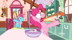 Size: 1920x1080 | Tagged: safe, screencap, cup cake, pinkie pie, between dark and dawn, g4, season 9, batter, bipedal, bowl, discovery family logo, egg beater, eyes closed, faic, female, food, long tongue, shrunken pupils, sink, stuck, sugarcube corner, table, tongue out