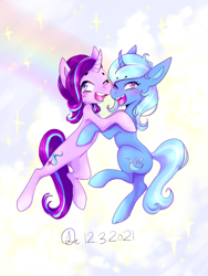 Size: 640x853 | Tagged: safe, artist:fatherdetrash, starlight glimmer, trixie, pony, unicorn, g4, duo, duo female, eyebrows, eyebrows visible through hair, female, hug, lesbian, mare, one eye closed, open mouth, open smile, ship:startrix, shipping, smiling