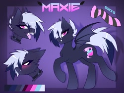 Size: 1626x1220 | Tagged: safe, artist:darkmaxxie, oc, oc only, oc:maxie, bat pony, bat pony oc, blushing, choker, clothes, fangs, looking at you, open mouth, reference sheet, socks, striped socks, tongue out