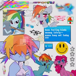 Size: 2048x2048 | Tagged: safe, artist:blairvonglitter, pinkie pie, rainbow dash, earth pony, pegasus, pony, g4, bandaid, bong, dialogue, drugs, ear piercing, earring, eyebrow piercing, eyebrows, eyebrows visible through hair, eyes closed, high, high res, jewelry, marijuana, piercing, rainbow hash, scrapbook aesthetic, smiley face, smoking, spread wings, stars, wings