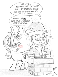 Size: 1500x2000 | Tagged: safe, artist:mellodillo, part of a set, starlight glimmer, trixie, pony, unicorn, g4, chimney, christmas, clothes, costume, duo, fake antlers, grayscale, hat, holiday, monochrome, red nose, rudolph nose, santa costume, santa hat, starlight glimmer is not amused, stuck, unamused