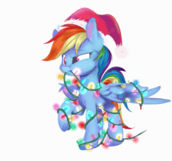 Size: 560x525 | Tagged: safe, artist:sketchiix3, rainbow dash, pegasus, pony, g4, animated, christmas, christmas lights, female, gif, hat, holiday, mare, mouth hold, santa hat, simple background, solo, tangled up, white background