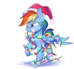 Size: 1280x1200 | Tagged: safe, alternate version, artist:sketchiix3, rainbow dash, pegasus, pony, g4, christmas, christmas lights, female, hat, holiday, mare, mouth hold, santa hat, simple background, solo, tangled up, white background