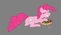 Size: 1487x869 | Tagged: safe, pinkie pie, earth pony, pony, g4, balloonbutt, butt, digital art, female, gray background, grin, lying down, mare, plot, present, simple background, smiling, solo