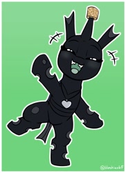 Size: 1043x1430 | Tagged: safe, artist:heretichesh, oc, oc only, changeling, bipedal, changeling oc, cork, cute, cuteling, eyes closed, green background, horn, horn guard, looking at you, open mouth, open smile, simple background, smiling, smiling at you, solo, standing, standing on one leg, waving