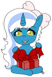 Size: 400x593 | Tagged: safe, artist:adoptishop, oc, oc:fleurbelle, alicorn, pony, alicorn oc, bow, christmas presents, female, hair bow, horn, mare, simple background, solo, transparent background, wings, yellow eyes