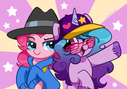 Size: 3922x2758 | Tagged: safe, artist:kittyrosie, izzy moonbow, pinkie pie, earth pony, pony, unicorn, g4, g5, my little pony: a new generation, season 4, testing testing 1-2-3, baseball cap, blushing, cap, clothes, cute, diapinkes, duo, female, fit right in (g5), hat, high res, hoodie, izzy and her heroine, izzy the rapper, izzybetes, looking at each other, looking at someone, mare, open mouth, open smile, rapper, rapper pie, shutter shades, simple background, sunglasses