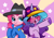 Size: 3922x2758 | Tagged: safe, artist:kittyrosie, izzy moonbow, pinkie pie, earth pony, pony, unicorn, g4, g5, my little pony: a new generation, season 4, testing testing 1-2-3, baseball cap, blushing, cap, clothes, cute, diapinkes, duo, female, fit right in (g5), hat, high res, hoodie, izzy and her heroine, izzy the rapper, izzybetes, looking at each other, looking at someone, mare, open mouth, open smile, rapper, rapper pie, shutter shades, simple background, sunglasses