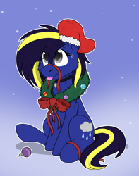 Size: 1744x2208 | Tagged: safe, alternate character, alternate version, artist:rokosmith26, oc, oc only, oc:watersmoke, earth pony, pony, bow, cheek fluff, chest fluff, christmas, christmas stocking, christmas wreath, commission, earth pony oc, female, floppy ears, gradient background, holiday, jewelry, looking up, mare, necklace, one ear down, raised hoof, ribbon, simple background, sitting, smiling, solo, sweat, sweatdrop, tail, tongue out, wreath, ych result