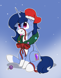 Size: 1744x2208 | Tagged: safe, alternate character, alternate version, artist:rokosmith26, oc, oc only, oc:crystal glaze, pony, unicorn, bow, cheek fluff, chest fluff, christmas, christmas stocking, christmas wreath, commission, floppy ears, gradient background, holiday, horn, looking up, male, markings, one ear down, raised hoof, ribbon, simple background, sitting, smiling, solo, stallion, sweat, sweatdrop, tail, tongue out, unicorn horn, unicorn oc, wreath, ych result