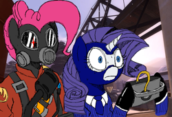 Size: 851x580 | Tagged: safe, artist:legendoflink, pinkie pie, rarity, earth pony, pony, unicorn, g4, /mlp/ tf2 general, clothes, flamethrower, gas mask, glowing, glowing eyes, glowing eyes of doom, koth viaduct, mask, ms paint, pinkie pyro, pyro (tf2), rarispy, sapper, spy, spy (tf2), suit, sweat, team fortress 2, this will end in cupcakes, this will end in fire, this will not end well, weapon, you better get ready to die