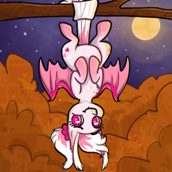 Size: 2048x2048 | Tagged: safe, artist:sharkddless, oc, oc only, oc:vesper, bat pony, autumn, bat pony oc, bat wings, forest, full moon, hanging, hanging upside down, high res, moon, night, pink mane, pink wings, prehensile tail, smiling, tail, upside down, wings