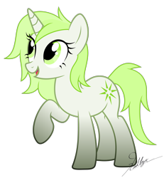 Size: 3000x3246 | Tagged: safe, artist:kaitykat117, oc, oc only, oc:kaito(kaitykat), pony, unicorn, g4, base used, eyelashes, full body, green eyes, green mane, green tail, high res, horn, open mouth, open smile, raised hoof, show accurate, signature, simple background, smiling, solo, standing, tail, transparent background, unicorn oc, vector
