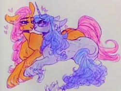 Size: 1192x894 | Tagged: safe, artist:rare-apples, izzy moonbow, sunny starscout, earth pony, pony, unicorn, g5, my little pony: a new generation, duo, duo female, female, heart, lesbian, mare, ship:moonscout, shipping, traditional art