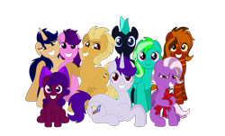Size: 5030x3030 | Tagged: safe, artist:small-brooke1998, oc, oc only, oc:beau style, oc:delta, oc:glass chip, oc:shatter, oc:sirius canis major, oc:soundbreaker, oc:starshine twinkle, oc:storming dust, oc:tilly, oc:ultraviolet light, earth pony, pegasus, pony, unicorn, 2022 community collab, derpibooru community collaboration, earth pony oc, grin, group photo, high res, hooves, horn, lying down, multiple characters, pegasus oc, plushie, prone, raised hoof, simple background, sitting, smiling, standing, transparent background, two toned mane, unicorn oc