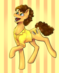 Size: 980x1227 | Tagged: safe, artist:metalcoward, cheese sandwich, earth pony, pony, g4, clothes, male, open mouth, open smile, shirt, smiling, solo, stallion, striped background