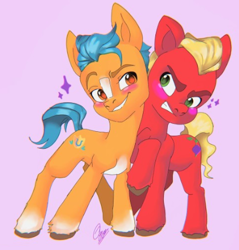 Size: 423x442 | Tagged: safe, artist:gum-gibbs, hitch trailblazer, sprout cloverleaf, earth pony, pony, g5, my little pony: a new generation, angry, blushing, coat markings, colored hooves, cropped, dreamworks face, gay, looking at each other, looking at someone, male, ship:clovertrail, shipping, simple background, small resolution, smiling, stallion, violet background