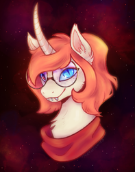 Size: 511x649 | Tagged: safe, artist:metalcoward, oc, oc only, oc:bellai, pony, unicorn, bust, clothes, curved horn, fangs, glasses, heterochromia, horn, lip piercing, lip ring, round glasses, scarf, slit pupils, solo, space background