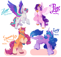 Size: 1280x1189 | Tagged: safe, artist:angelpubs, izzy moonbow, pipp petals, sunny starscout, zipp storm, earth pony, pegasus, pony, unicorn, g5, my little pony: a new generation, chest fluff, coat markings, curved horn, eye clipping through hair, eyebrows, eyebrows visible through hair, female, grin, group, horn, mare, open mouth, open smile, pronouns, rearing, simple background, smiling, smirk, socks (coat markings), spread wings, text, transparent background, unshorn fetlocks, white pupils, wings