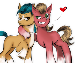 Size: 1280x1087 | Tagged: safe, artist:mallowcupcake, hitch trailblazer, sprout cloverleaf, earth pony, pony, g5, my little pony: a new generation, colored hooves, gay, hug, looking at each other, looking at someone, male, ship:clovertrail, shipping, simple background, stallion, white background