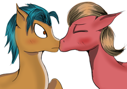 Size: 1280x895 | Tagged: safe, artist:mallowcupcake, hitch trailblazer, sprout cloverleaf, earth pony, pony, g5, my little pony: a new generation, blushing, duo, duo male, eyes closed, floppy ears, gay, kissing, male, ship:clovertrail, shipping, simple background, stallion, white background, wide eyes