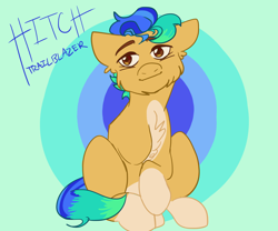 Size: 2048x1700 | Tagged: safe, artist:mintroni, hitch trailblazer, earth pony, pony, g5, my little pony: a new generation, male, sitting, solo, stallion, text