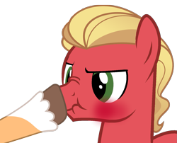 Size: 1381x1117 | Tagged: safe, artist:rozyfly10, hitch trailblazer, sprout cloverleaf, earth pony, pony, g4, g5, my little pony: a new generation, blushing, boop, duo, duo male, g5 to g4, male, noseboop, offscreen character, scrunchy face, ship:clovertrail, shipping, simple background, stallion