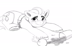 Size: 2048x1338 | Tagged: safe, artist:beckydoki, sprout cloverleaf, earth pony, pony, g5, my little pony: a new generation, black and white, grayscale, lineart, male, meme, monochrome, ponified meme, sad sprout, smoothie, solo, spilled drink, stallion, teary eyes