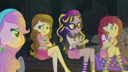Size: 1280x720 | Tagged: safe, artist:gihhbloonde, oc, oc only, oc:condensed milk, oc:gihh bloonde, oc:sci bella, equestria girls, g4, base used, clothes, eyelashes, female, glasses, makeup, outdoors, scared, shorts, sitting, smiling