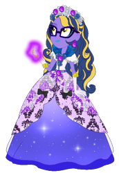 Size: 444x646 | Tagged: safe, artist:gihhbloonde, oc, oc only, oc:sci bella, equestria girls, g4, base used, clothes, dress, ear piercing, eyelashes, female, glasses, jewelry, lipstick, looking up, magic glow, piercing, simple background, smiling, solo, tiara, transparent background