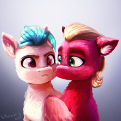 Size: 768x768 | Tagged: safe, artist:fraumflug, hitch trailblazer, sprout cloverleaf, earth pony, pony, g5, my little pony: a new generation, cheek kiss, colored pupils, duo, duo male, ear fluff, eyebrows, gay, kissing, male, ship:clovertrail, shipping, signature, stallion