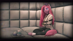 Size: 9600x5400 | Tagged: safe, artist:imafutureguitarhero, pinkie pie, earth pony, anthro, unguligrade anthro, g4, 3d, absurd file size, absurd resolution, asylum, big ears, black bars, blurry, cargo pants, cheek fluff, chromatic aberration, clothes, colored eyebrows, colored eyelashes, cup, cupcake, cute little fangs, detailed hair, dirty lens, ear fluff, fangs, female, film grain, floppy ears, fluffy, food, frown, fur, hoof fluff, hooves, implied insanity, isolation, leg wraps, letterboxing, lidded eyes, long hair, long mane, mare, meal tray, messy hair, messy mane, messy tail, neck fluff, nose fluff, nose wrinkle, padded cell, paintover, pants, paper cup, pinkamena diane pie, restrained, revamped anthros, revamped ponies, sad, scruffy, signature, sitting, sitting on floor, solo, source filmmaker, straitjacket, tail, teeth, tray, vignette, wall of tags