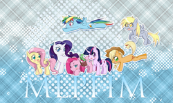 Size: 1503x902 | Tagged: safe, artist:stalemeat, applejack, derpy hooves, fluttershy, gummy, pinkie pie, rainbow dash, rarity, twilight sparkle, alligator, earth pony, pegasus, pony, unicorn, g4, bucking, female, flying, hat, mane six, open mouth, smiling, unicorn twilight, wings