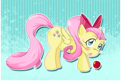 Size: 553x369 | Tagged: safe, artist:stalemeat, fluttershy, pegasus, pony, g4, :o, abstract background, alternate hairstyle, apple, blushing, bow, female, food, hair bow, mare, open mouth, wings