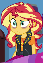 Size: 603x877 | Tagged: safe, screencap, sunset shimmer, blizzard or bust, equestria girls, equestria girls specials, g4, my little pony equestria girls: better together, my little pony equestria girls: holidays unwrapped, bags under eyes, cropped, exhausted, female, geode of empathy, magical geodes, sci-twi's room, solo