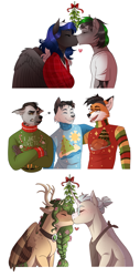 Size: 1827x3605 | Tagged: safe, artist:royvdhel-art, oc, oc only, fox, pegasus, pony, anthro, anthro with ponies, antlers, blushing, bust, clothes, commission, crossed arms, kissing, mistletoe, oc x oc, pegasus oc, shipping, simple background, sweater, white background, wings, ych result