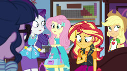 Size: 1919x1079 | Tagged: safe, screencap, applejack, fluttershy, rarity, sci-twi, sunset shimmer, twilight sparkle, blizzard or bust, equestria girls, equestria girls series, g4, holidays unwrapped, spoiler:eqg series (season 2), bags under eyes, bedroom, exhausted, female, fluttershy boho dress, geode of empathy, geode of fauna, geode of shielding, geode of super strength, glasses, magical geodes, rarity peplum dress, sci-twi's room