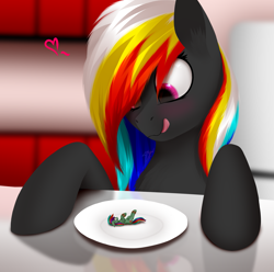 Size: 2523x2500 | Tagged: safe, artist:darky_wings, oc, oc only, oc:darky wings, oc:detonaty, earth pony, pegasus, pony, commission, female, fetish, heart, high res, hooves, kitchen, licking, licking lips, looking down, lying down, macro, macro/micro, micro, on back, tongue out
