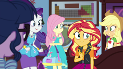 Size: 1920x1081 | Tagged: safe, screencap, applejack, fluttershy, rarity, sci-twi, sunset shimmer, twilight sparkle, blizzard or bust, equestria girls, equestria girls specials, g4, my little pony equestria girls: better together, my little pony equestria girls: holidays unwrapped, bags under eyes, bedroom, rarity peplum dress, twilight's bedroom