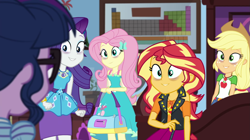 Size: 1919x1078 | Tagged: safe, screencap, applejack, fluttershy, rarity, sci-twi, sunset shimmer, twilight sparkle, blizzard or bust, equestria girls, equestria girls specials, g4, my little pony equestria girls: better together, my little pony equestria girls: holidays unwrapped, bags under eyes, bedroom, rarity peplum dress