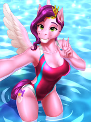 Size: 4500x6000 | Tagged: safe, artist:mykegreywolf, pipp petals, pegasus, anthro, g5, my little pony: a new generation, absurd resolution, breasts, busty pipp petals, cleavage, clothes, female, grin, high-cut clothing, hoers, legs in the water, looking at you, one-piece swimsuit, open-back swimsuit, peace sign, selfie, smiling, smiling at you, solo, spread wings, swimsuit, water, wings