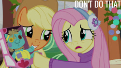 Size: 1280x720 | Tagged: safe, edit, edited screencap, editor:quoterific, screencap, applejack, fluttershy, holly the hearths warmer doll, earth pony, pegasus, pony, g4, my little pony best gift ever, female, friendship express, grin, jumper, mare, open mouth, smiling, train