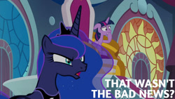 Size: 1280x720 | Tagged: safe, edit, edited screencap, editor:quoterific, screencap, princess luna, twilight sparkle, alicorn, pony, g4, season 9, the ending of the end, crown, female, jewelry, mare, open mouth, regalia, twilight sparkle (alicorn)