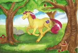 Size: 3434x2340 | Tagged: safe, artist:bubu1233, apple bloom, horse, g4, apple, apple tree, female, filly, high res, hoers, solo, traditional art, tree