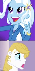 Size: 500x1014 | Tagged: safe, prince blueblood, trixie, equestria girls, g4, female, male, ship:bluetrix, shipping, shipping domino, straight, surprised blueblood
