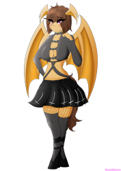 Size: 2480x3507 | Tagged: safe, artist:drawalaverr, oc, oc only, oc:midnight cakepowder, bat pony, anthro, anthro oc, bat pony oc, bat wings, blushing, clothes, commission, eye clipping through hair, eyeshadow, female, fishnet clothing, fishnet pantyhose, high heels, high res, looking at you, makeup, mare, shoes, simple background, skirt, smiling, smiling at you, socks, solo, thigh highs, transparent background, vector, wings