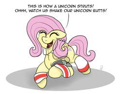 Size: 2400x1876 | Tagged: safe, artist:doodledonutart, fluttershy, pegasus, pony, g4, g5, my little pony: a new generation, butts, comic, cute, earbuds, female, fit right in (g5), fitness, happy, mare, music notes, shyabetes, silly, silly pony, simple background, singing, solo, song reference, time paradox, watch us shake our unicorn butts, white background